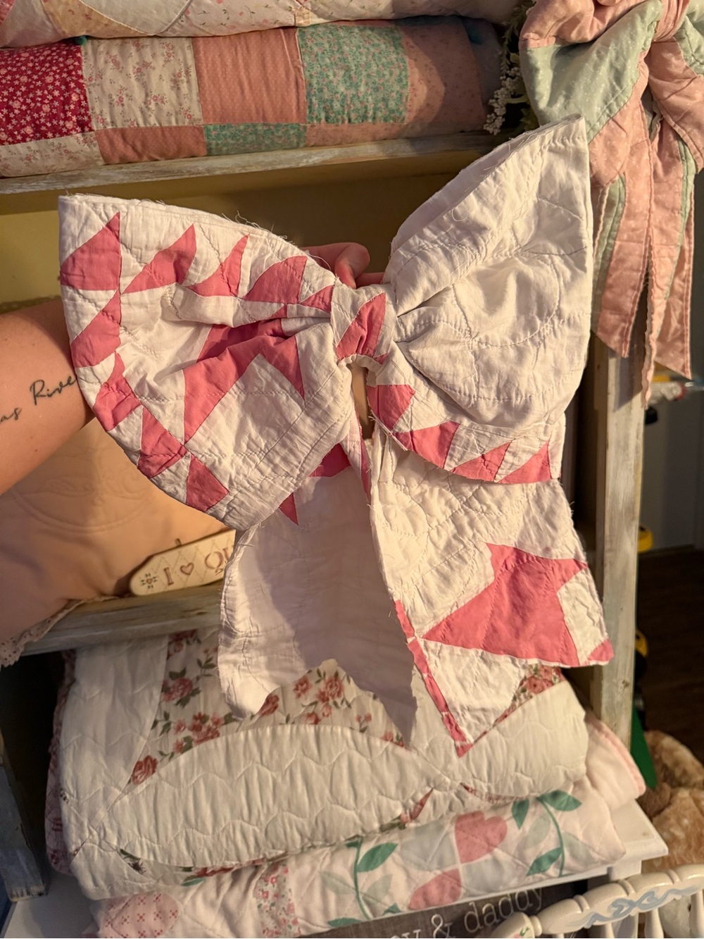Pink and White Vintage Star Patchwork Bow Quilt Accent